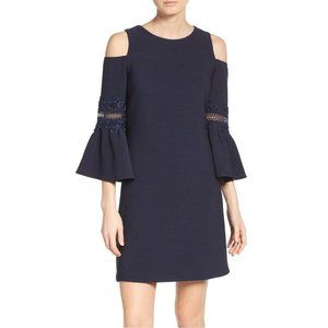 Eliza J Womens Lace Applique Crepe Cold Shoulder Dress Bell Sleeves Blue size 10